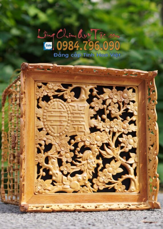 Lồng chim chào mào vuông đấu gỗ Cẩm vàng Hoa Mai Hóa Rồng bản độ gánh Yếm dạ 23 Lồng chim chào mào vuông đấu gỗ Cẩm vàng Hoa Mai Hóa Rồng bản độ gánh Yếm Dạ