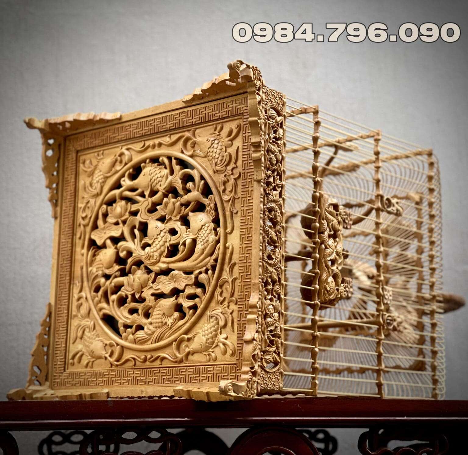 Lồng chim chào mào phom uốn vai – tích cửu ngư (sen cá) – gỗ cẩm vàng 6 1 5 min 16