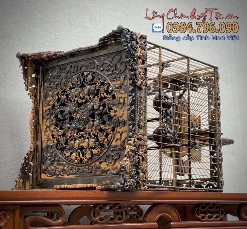 Lồng chim chào mào phom uốn góc – tích đào lựu 17 LỒNG CHIM CHÀO MÀO PHOM UỐN GÓC – TÍCH ĐÀO LỰU – GỖ MUN HOA CAO CẤP