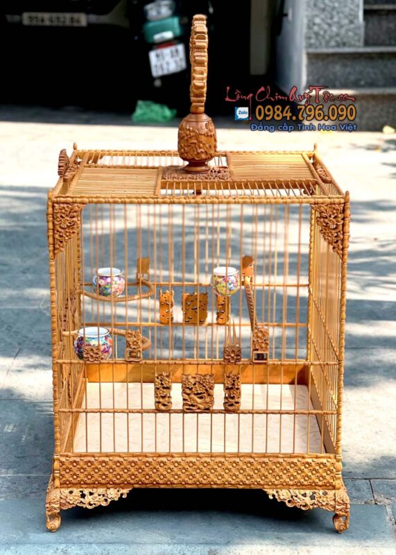 Lồng Chim Chào Mào Vuông Đấu Mai Hóa Rồng gỗ Cẩm Vàng indo 8 Lồng Chim Chào Mào Phom Vuông Đấu – Gỗ Cẩm Vàng Indo, Chạm Tích Hoa Mai Hóa Rồng