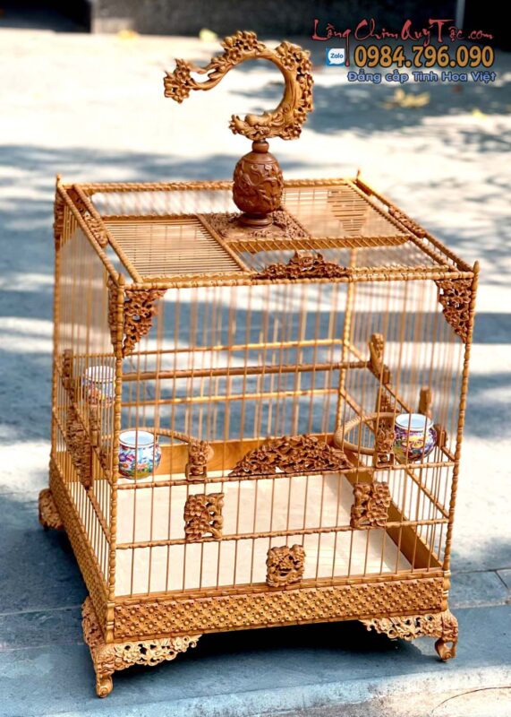 Lồng Chim Chào Mào Vuông Đấu Mai Hóa Rồng gỗ Cẩm Vàng indo 7 Lồng Chim Chào Mào Phom Vuông Đấu – Gỗ Cẩm Vàng Indo, Chạm Tích Hoa Mai Hóa Rồng