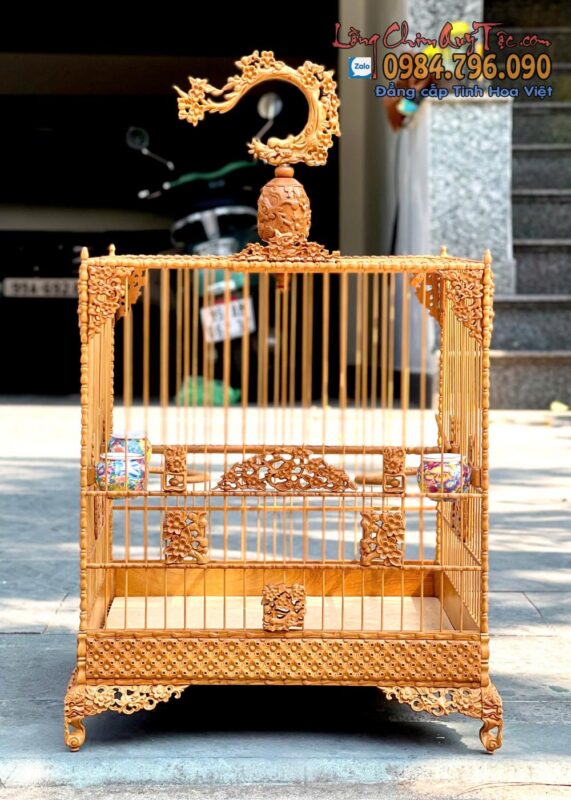 Lồng Chim Chào Mào Vuông Đấu Mai Hóa Rồng gỗ Cẩm Vàng indo 9 Lồng Chim Chào Mào Phom Vuông Đấu – Gỗ Cẩm Vàng Indo, Chạm Tích Hoa Mai Hóa Rồng