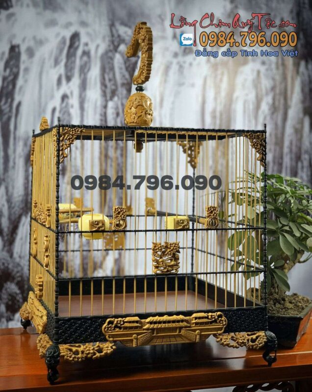 Lồng Chim Chào Mào Phom Vuông Đấu – Hoa Mai Cung Đình Huế Phiên Bản 2 Màu Gỗ Kết Hợp