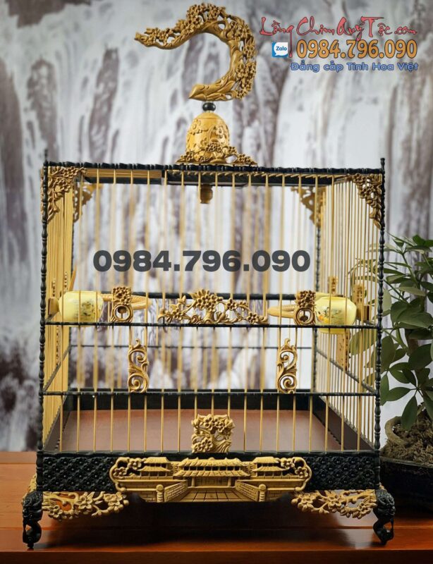 Lồng Chim Chào Mào Phom Vuông Đấu – Hoa Mai Cung Đình Huế Phiên Bản 2 Màu Gỗ Kết Hợp
