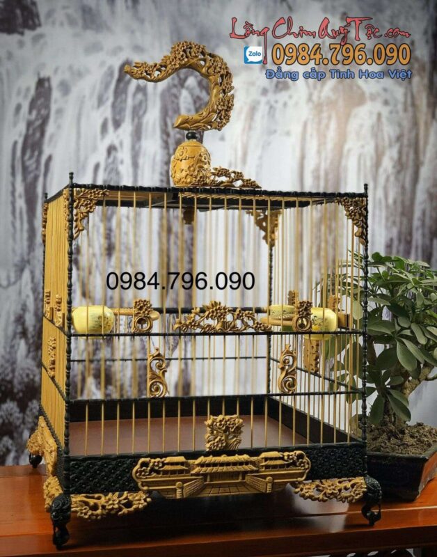 Lồng Chim Chào Mào Phom Vuông Đấu – Hoa Mai Cung Đình Huế Phiên Bản 2 Màu Gỗ Kết Hợp