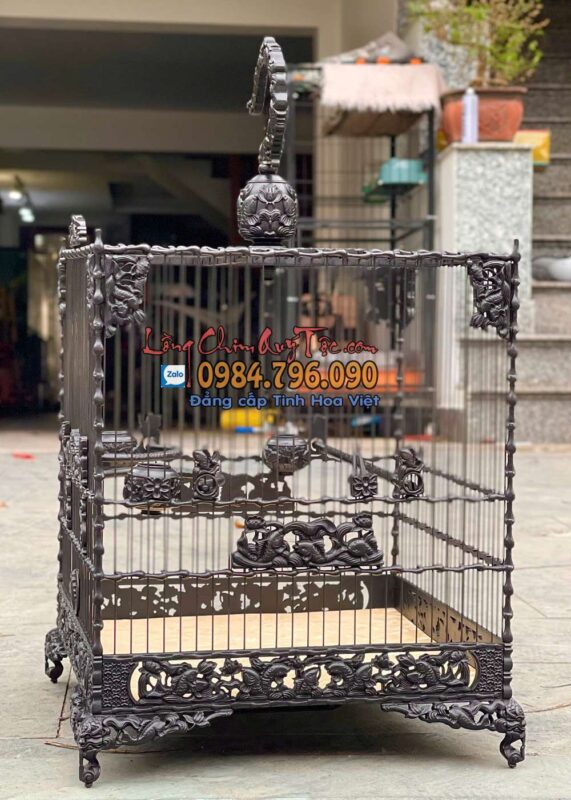 Lồng Chim Chào Mào Phom Vuông Đấu – Tích Cửu Ngư (Sen Cá) | Gỗ Mun Đen Bóng Mờ Siêu Đẹp, Đẳng Cấp Sang Trọng