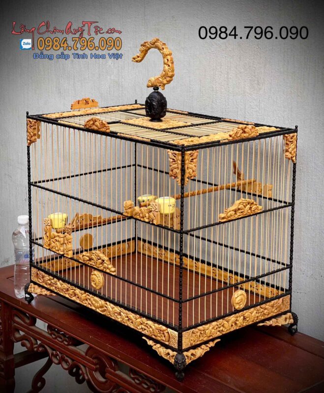 Lồng Lực Cho Chào Mào tích chạm Cửu Ngư 2 Màu Gỗ Quý 5 Lồng Lực – Mẫu Lồng Tập Lực Mini Cho Chào Mào Chuẩn 60cm