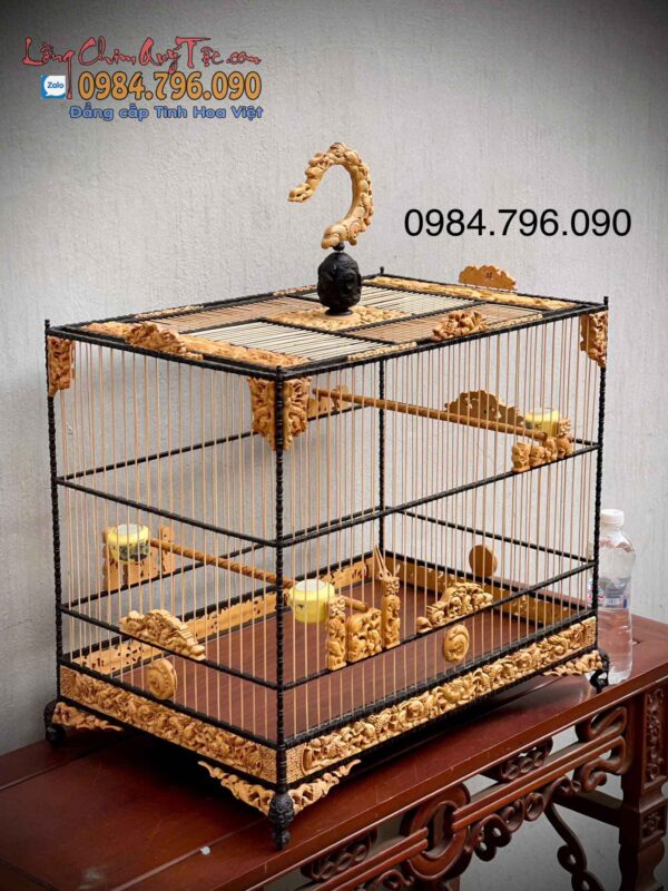 Lồng Lực Cho Chào Mào tích chạm Cửu Ngư 2 Màu Gỗ Quý 7 Lồng Lực – Mẫu Lồng Tập Lực Mini Cho Chào Mào Chuẩn 60cm