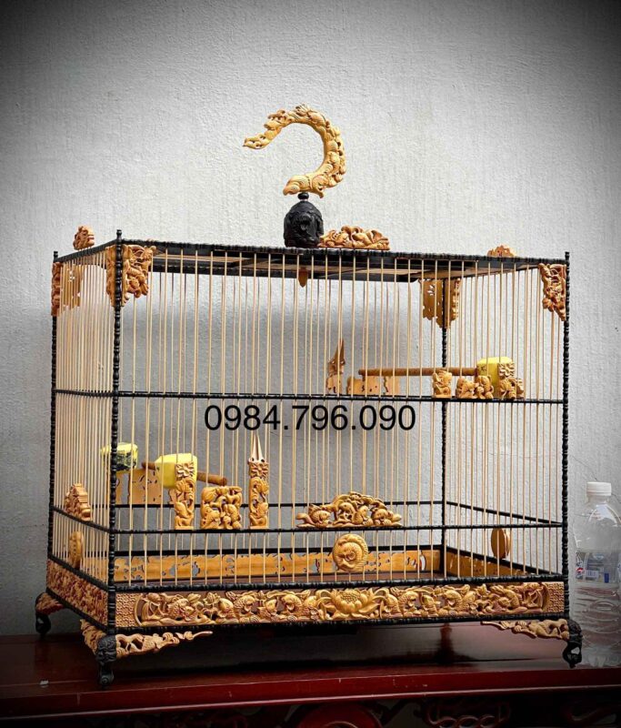 Lồng Lực Cho Chào Mào tích chạm Cửu Ngư 2 Màu Gỗ Quý 9 4 8
