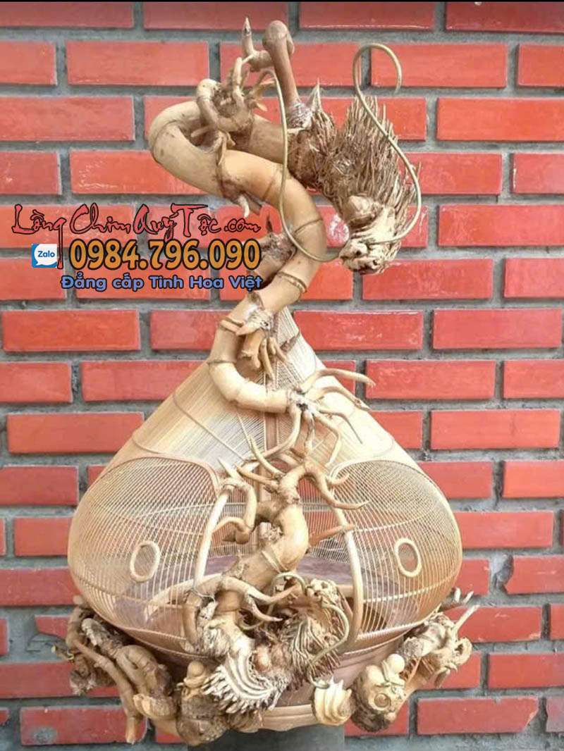 Lồng cu gáy gốc tre già đục Rồng Mã 14 13 Lồng Cu Gáy Thủ Công Từ Tre Già – Phom Đào, Chạm Rồng Tỉ Mỉ