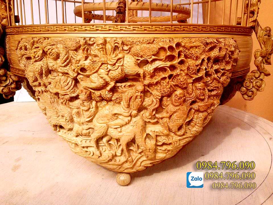 Lồng chòe đất tre già chạm Thập Nhi Hoa Giáp Quần Tiên 12 Lồng chào mào Tre Già Cho Chim Chòe Đất – Tác Phẩm Nghệ Thuật Mang Tầm Giá Trị