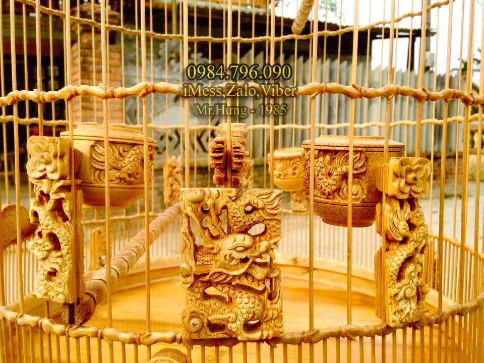 Lồng chim chào mào tre già 68 nan chạm tích Cửu Long 5 2 3